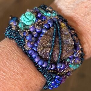 Cuff Bracelet Blue Purple Bead Embroidered Artisan Suede Wide Statement Clasp